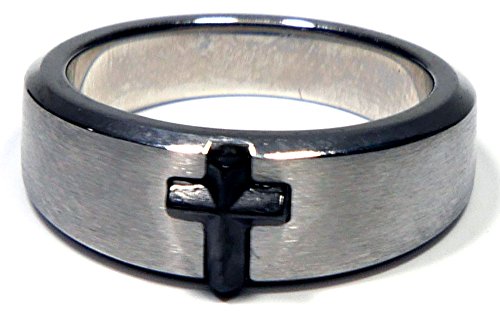 Men's Stainless Steel and Black-Plated Stone Cross Ring