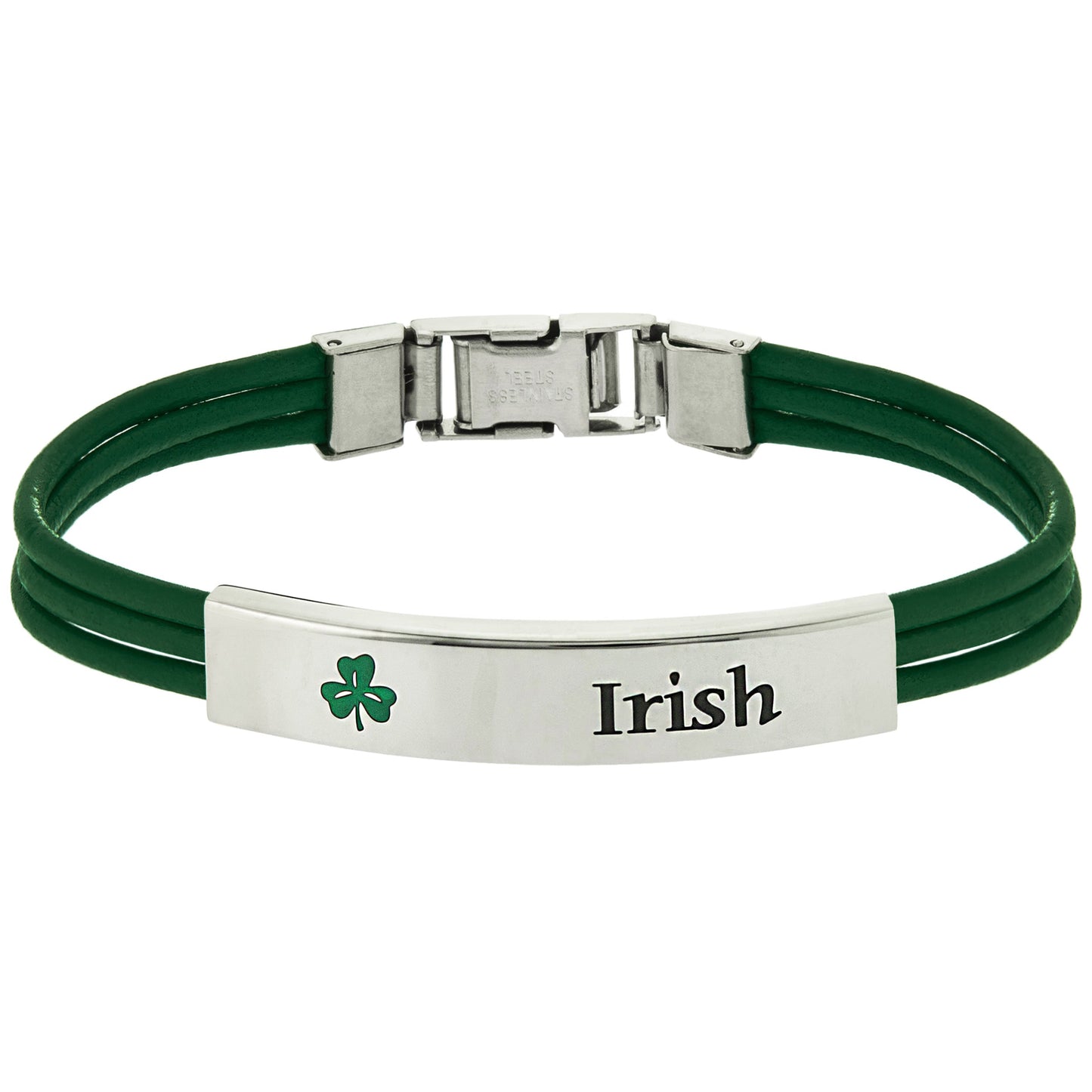 Irish Green Leatherette Cord Bracelet with Shamrock and "Irish" Engraving