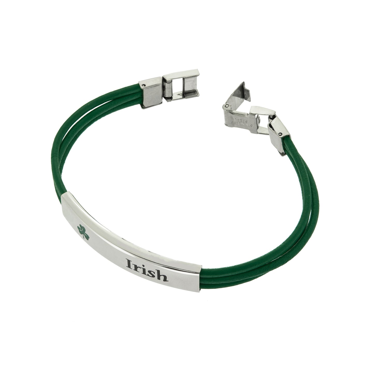 Irish Green Leatherette Cord Bracelet with Shamrock and "Irish" Engraving