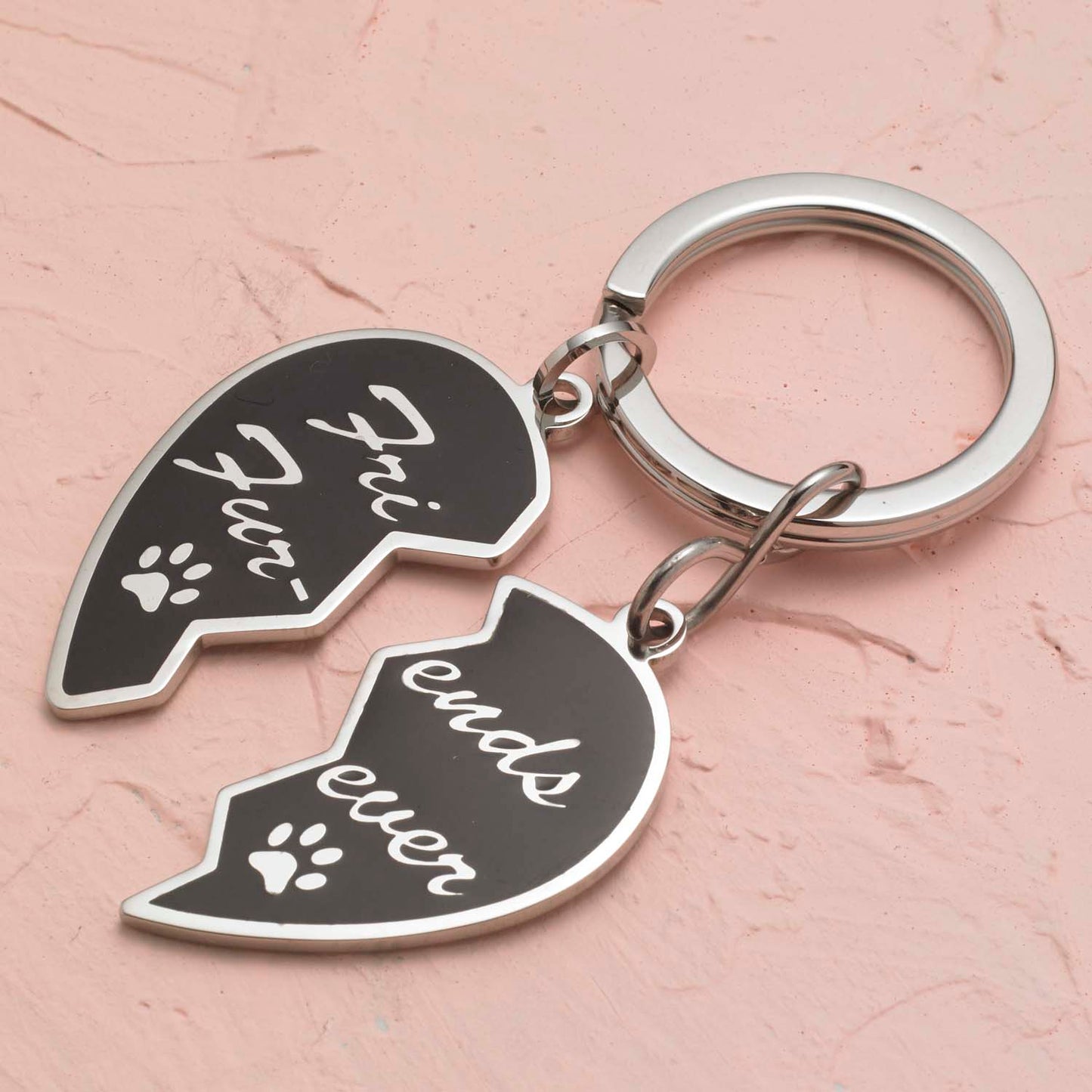 Friends Furever Stainless Steel Heart Dog & Owner Matching Keyring Set