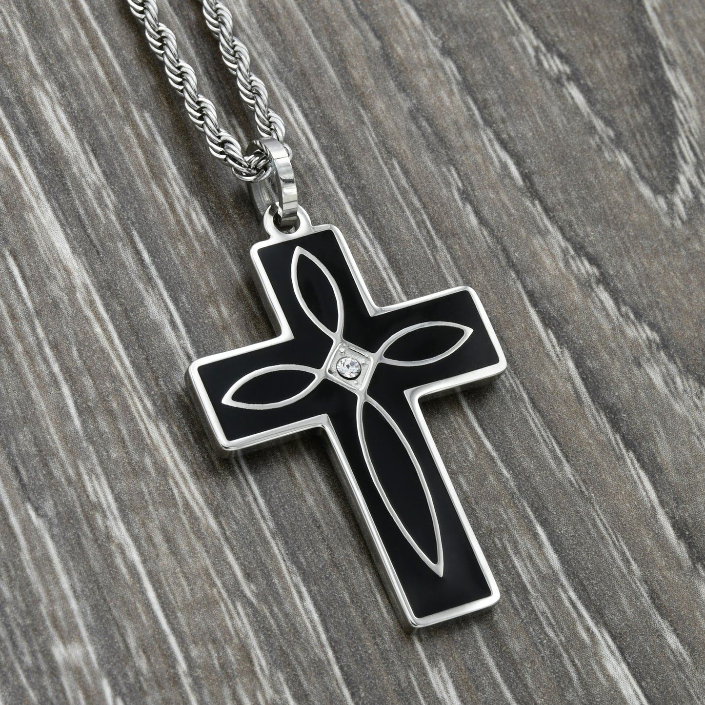 Stainless Steel Black and Crystal Cross Pendant Necklace Fashion Christian Cross