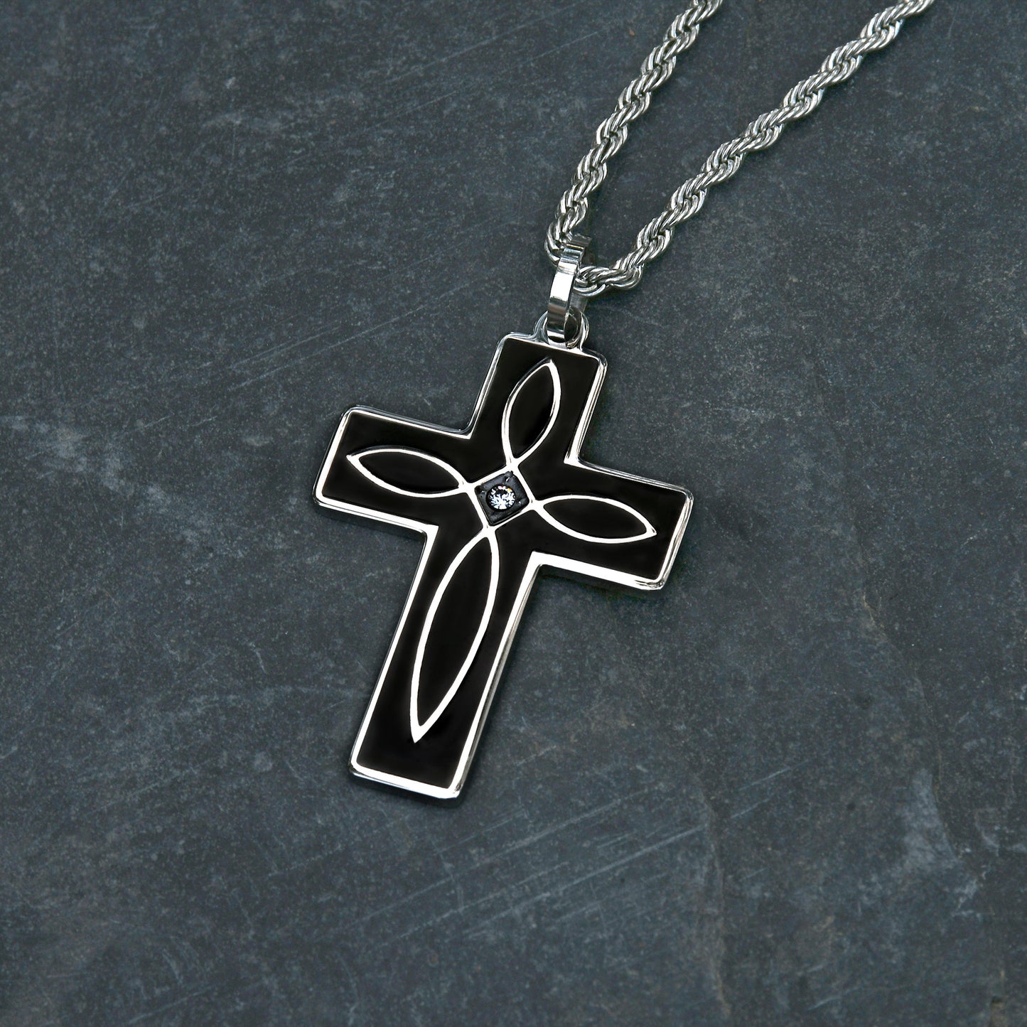 Stainless Steel Black and Crystal Cross Pendant Necklace Fashion Christian Cross