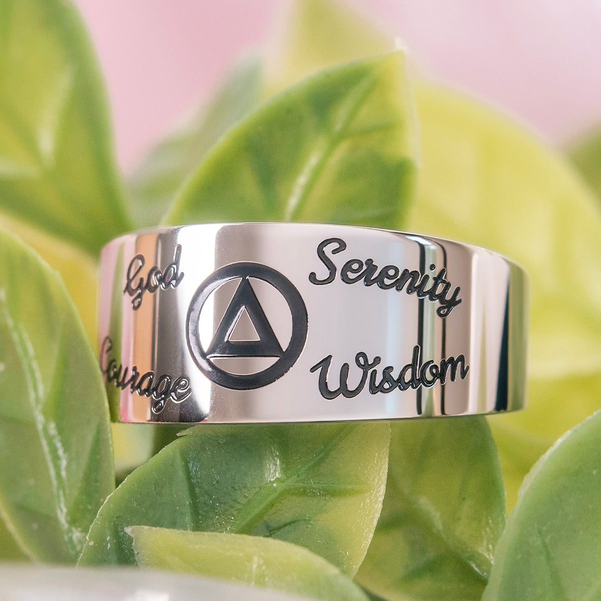Recovery Stainless Steel Ring with God, Serenity, Wisdom, Courage Engraved on Band
