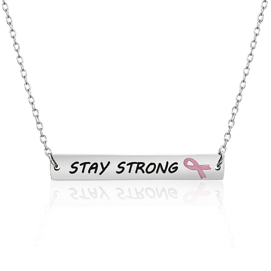 Stay Strong Inspirational Bar Pendant Necklace with Pink Ribbon for Breast Cancer Awareness