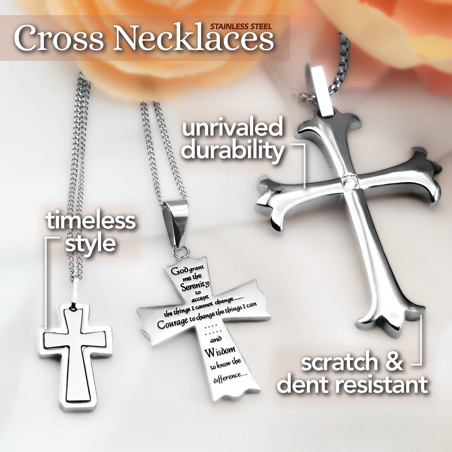 Brushed Stainless Steel Inlay Cross Pendant Necklace - Christian Religious Jewelry Gift