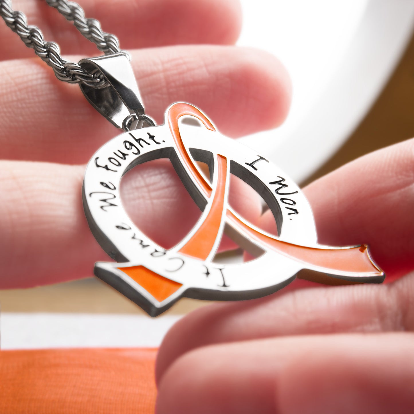 Cancer Awareness Pink Ribbon Pendant Necklace "It Came We Fought I Won" Stainless Steel