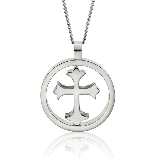 Two-Sided Stainless Steel Encircled Cross Pendant Necklace