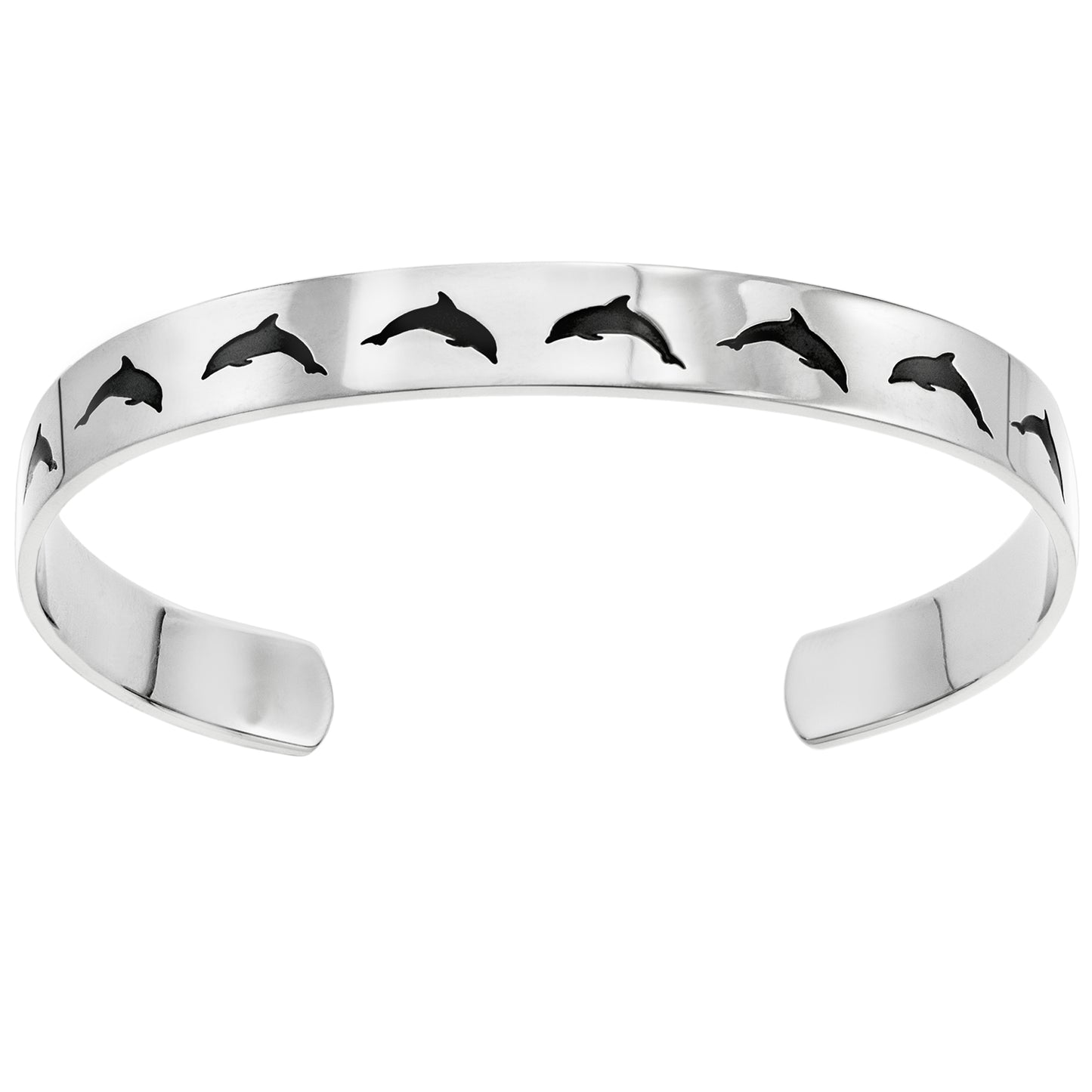 Stainless steel cuff bracelet with a minimalist dolphin jumping silhouette, featuring the inscription 'Peace' on the inside.