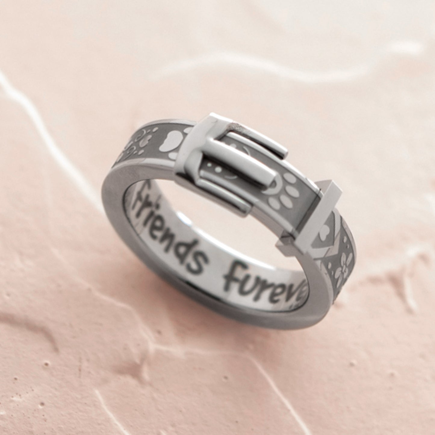 Friends Furever Stainless Steel Paw Print Heart Flower Collar Ring - Pet Memorial Jewelry Gift