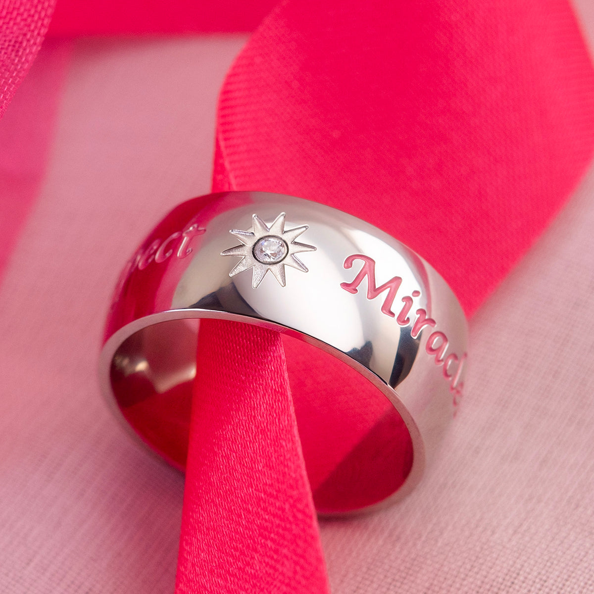 "Expect Miracles" Pink Inspirational Ring with Cubic Zirconia Sun Design