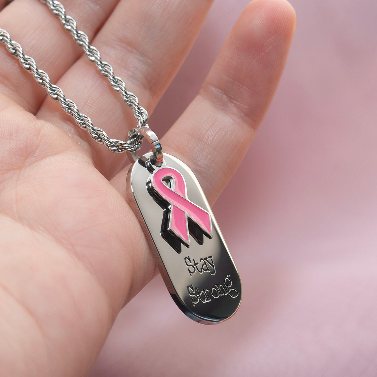Stay Strong Stainless Steel Dog Tag Necklace with Pink Ribbon Pendant - Inspirational Breast Cancer Awareness Jewelry Gift