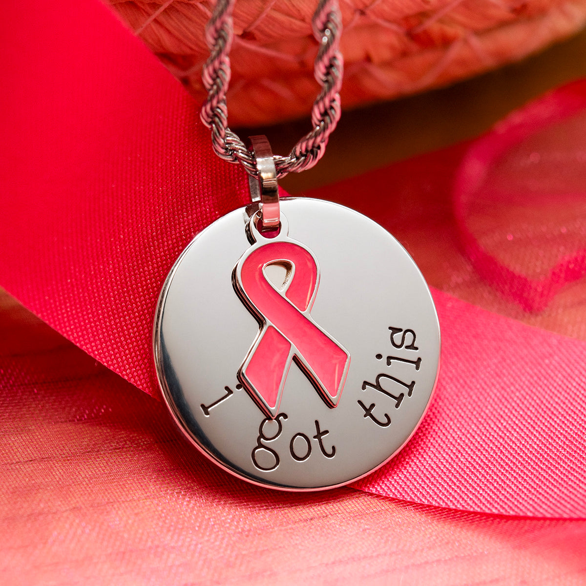 I Got This Stainless Steel Dog Tag Necklace with Pink Ribbon Pendant - Inspirational Breast Cancer Awareness Jewelry Gift