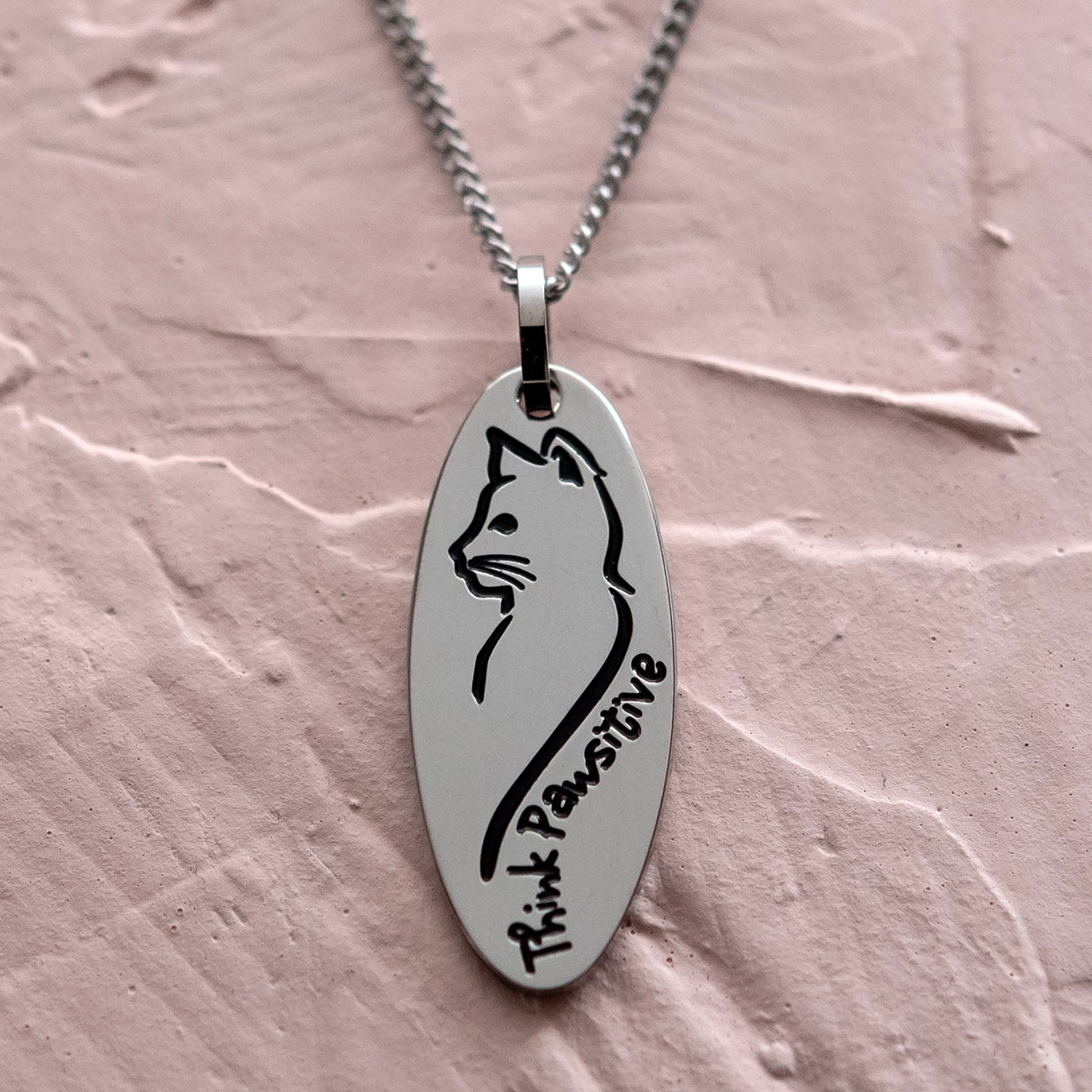Think Pawsitive Stainless Steel Oval Cat Pendant Necklace - Inspirational Cat Lover Jewelry Gift