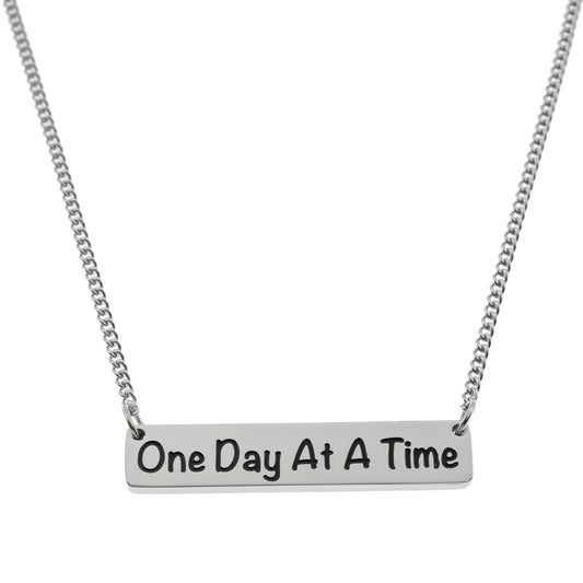 Inspirational "One Day At A Time" Stainless Steel Bar Pendant Necklace