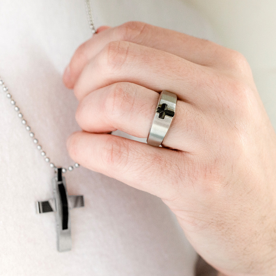 Men's Stainless Steel and Black-Plated Stone Cross Ring