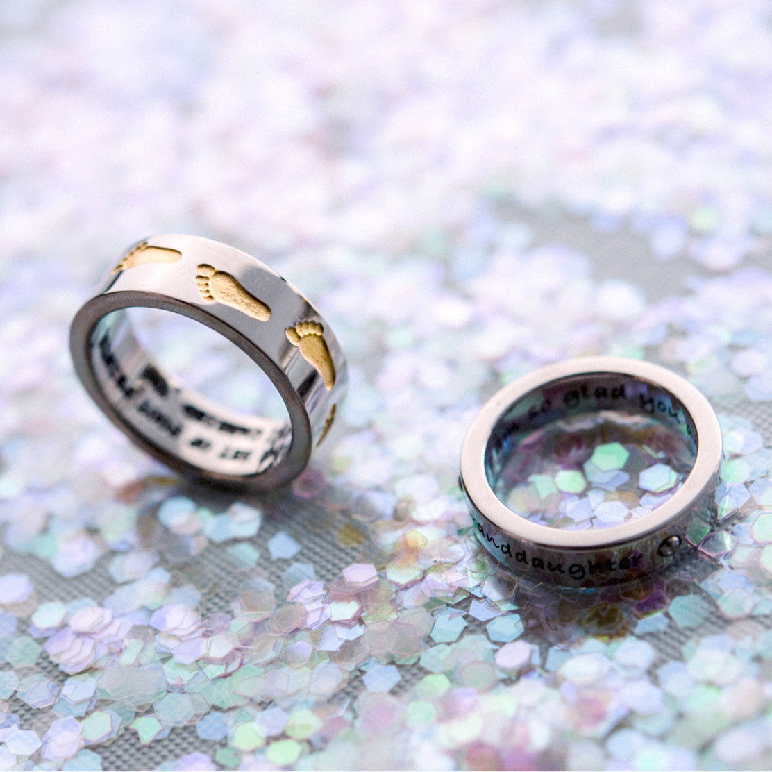 Inspirational Footprints in the Sand Stainless Steel Ring with Gold Accents