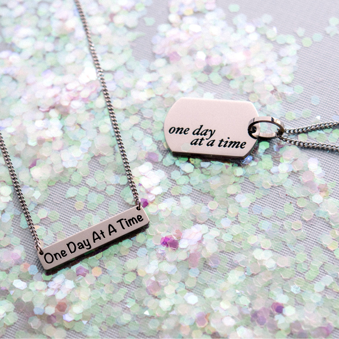 "One Day At A Time" Stainless Steel Dog Tag Pendant Necklace Inspirational Positive Quote Gift for Women or Men