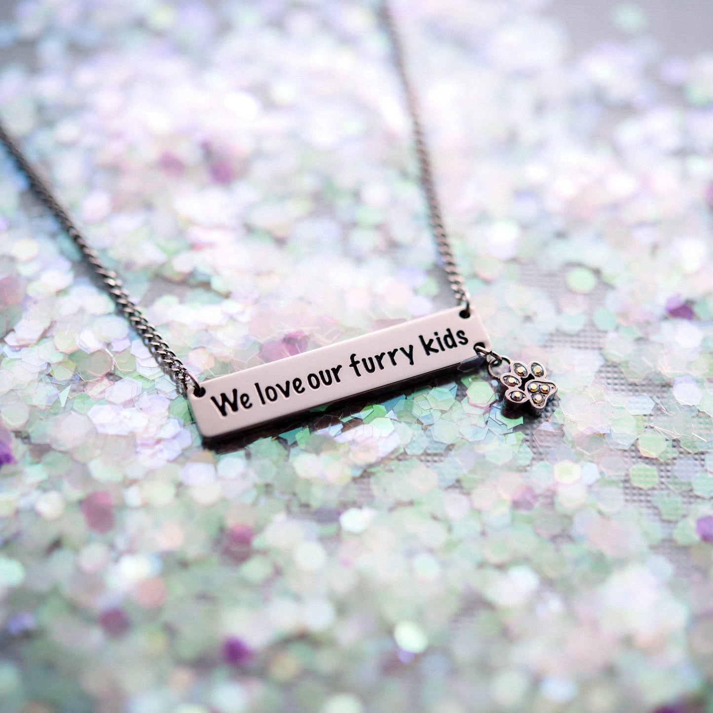 We Love Our Furry Kids Engraved Bar Pendant Necklace with Paw Print Charm