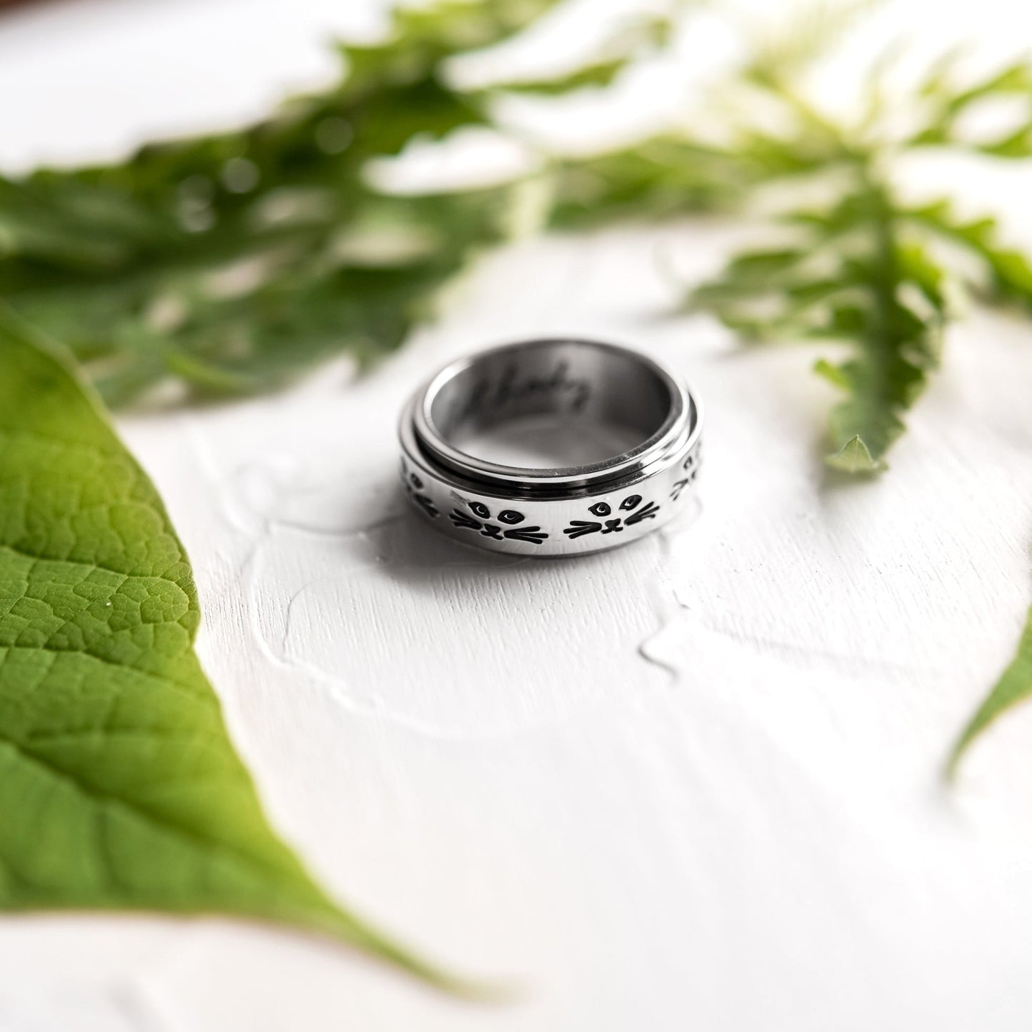 Cat Lady Ring with Engraved Faces - Stainless Steel Spinning Fidget Jewelry for Anxiety Relief