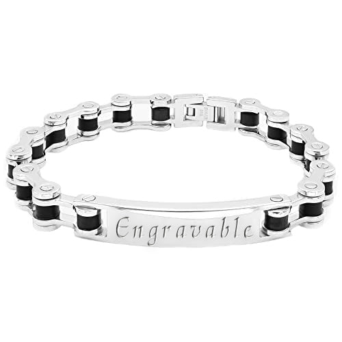 Bike Chain ID Bracelet for Men or Women Stainless Steel and Leather Design. Engrave a Name or Date to Personalize