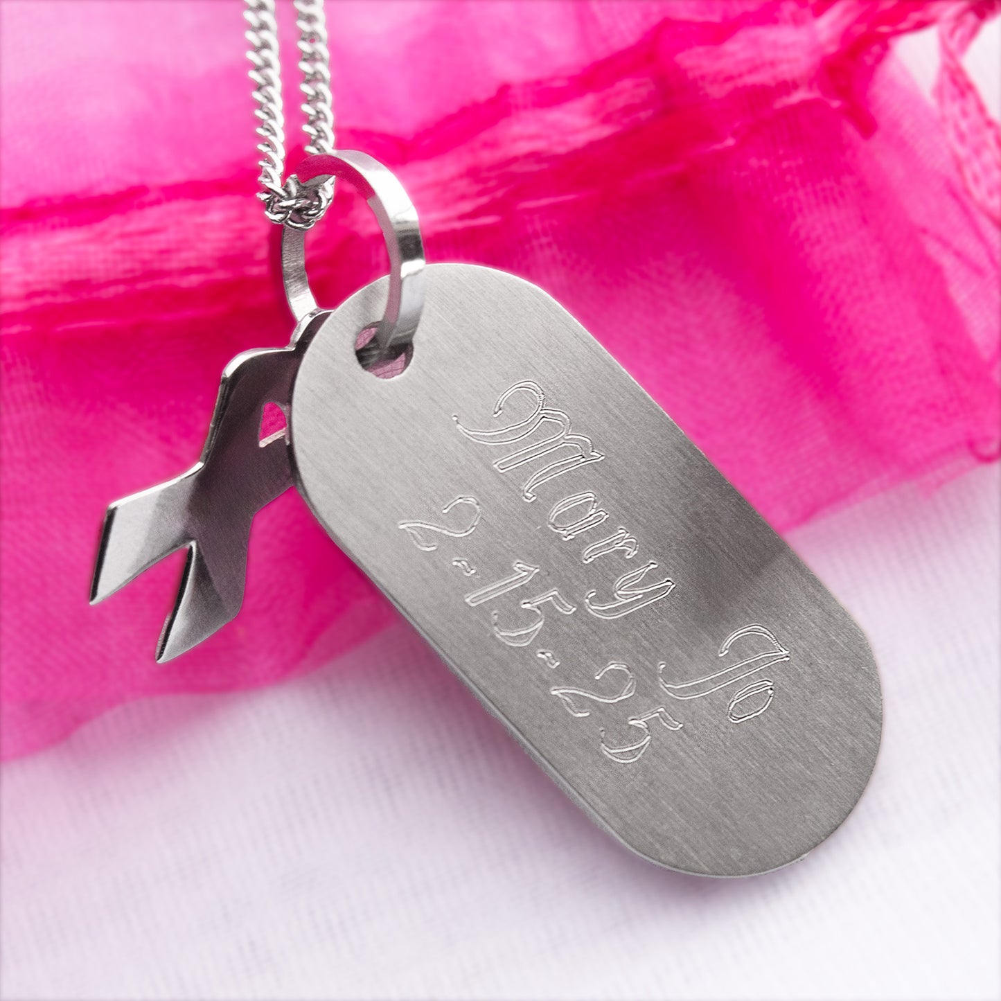 I Believe in Miracles Stainless Steel Dog Tag Necklace with Pink Ribbon Pendant - Inspirational Breast Cancer Awareness Jewelry Gift