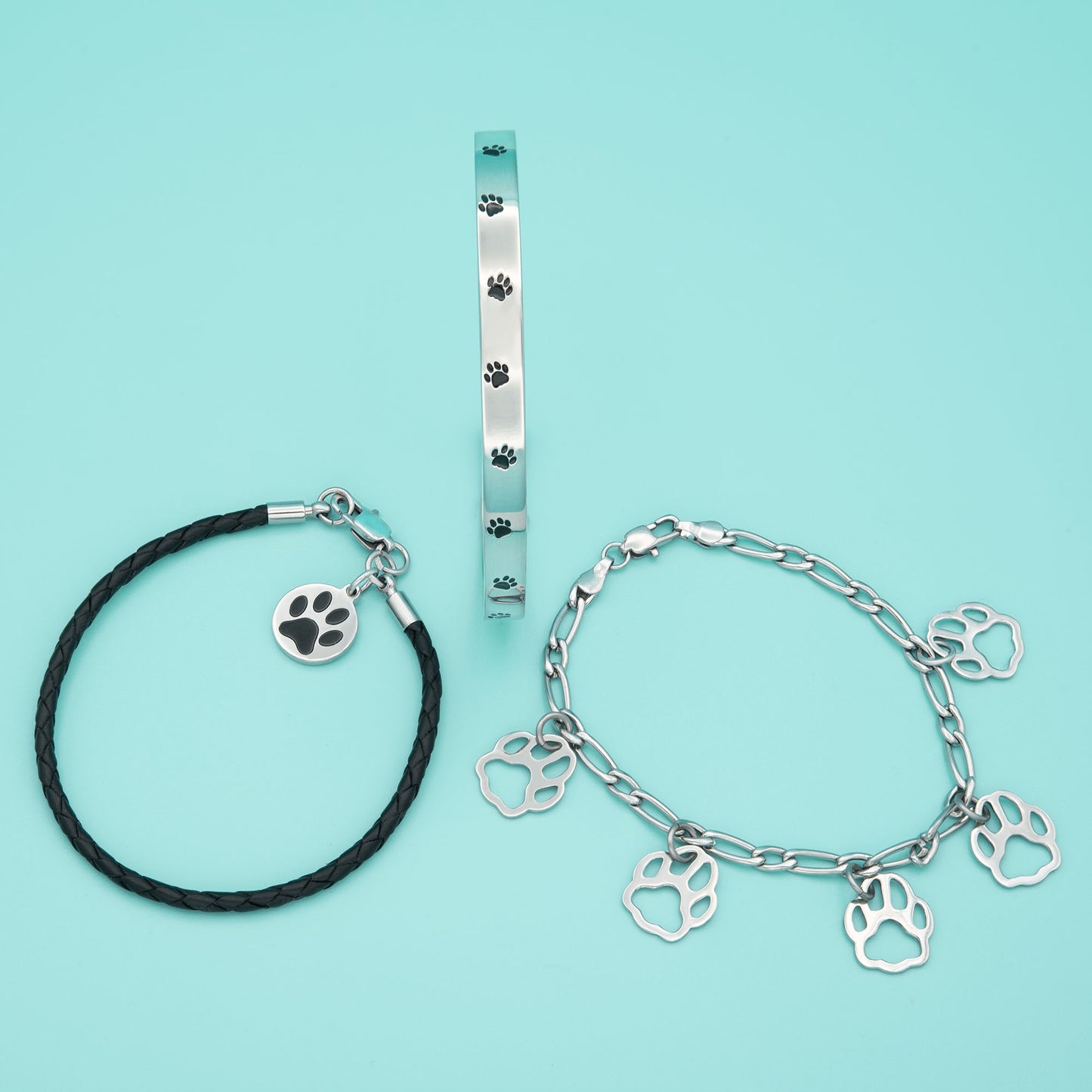 Women's Bracelet Animal Friendly Vegan Leather Paw Print Charm Bracelet Stainless Steel Jewelry