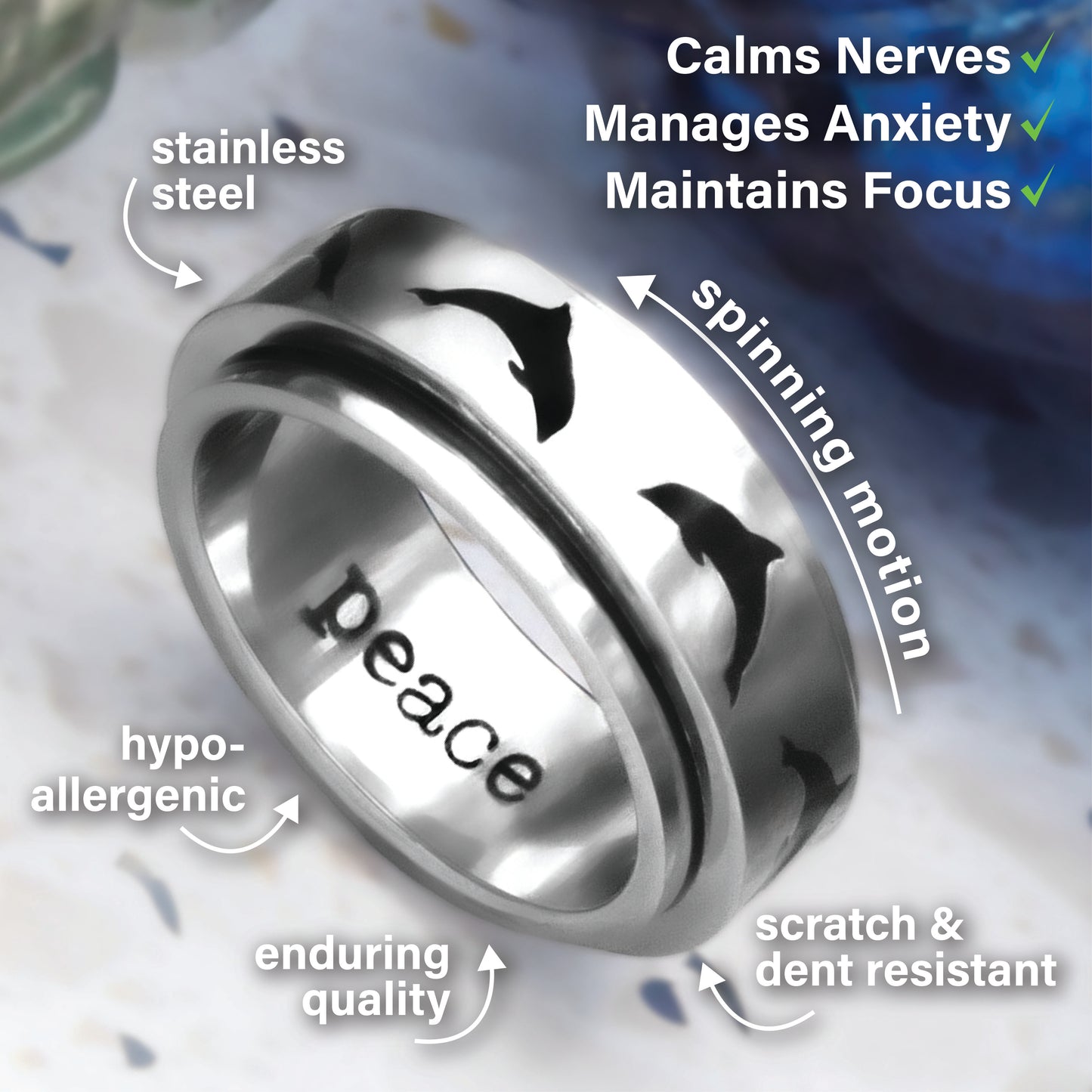 Peace Dolphin Ring with Dancing Dolphins - Stainless Steel Meditation Spinner Ring for Anxiety and Fidget Jewelry