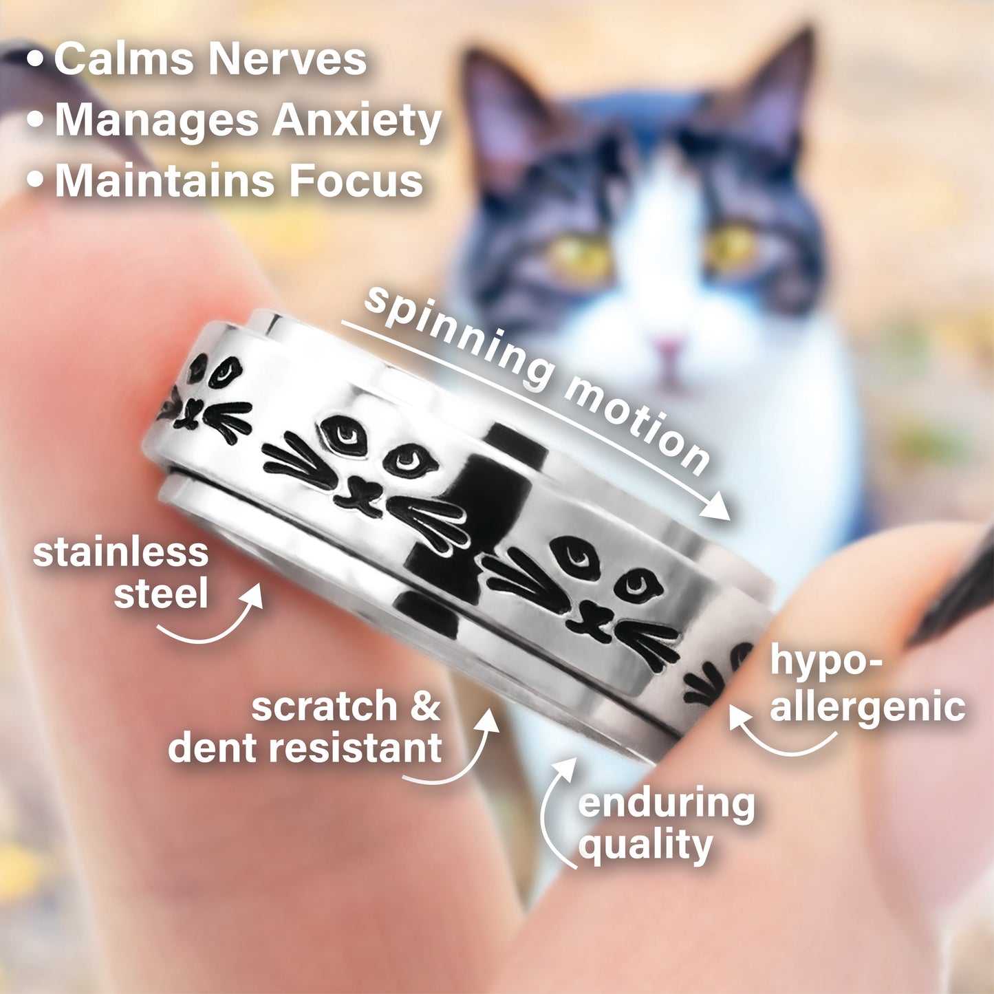 Cat Lady Ring with Engraved Faces - Stainless Steel Spinning Fidget Jewelry for Anxiety Relief