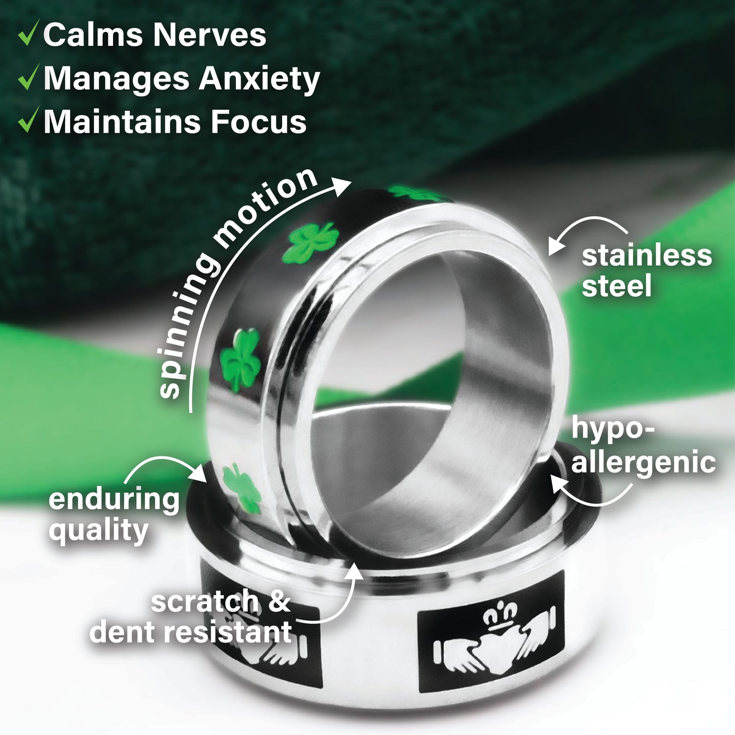 Irish Shamrock Ring with Green Enamel - Stainless Steel Good Luck Spinning Fidget Anxiety Jewelry