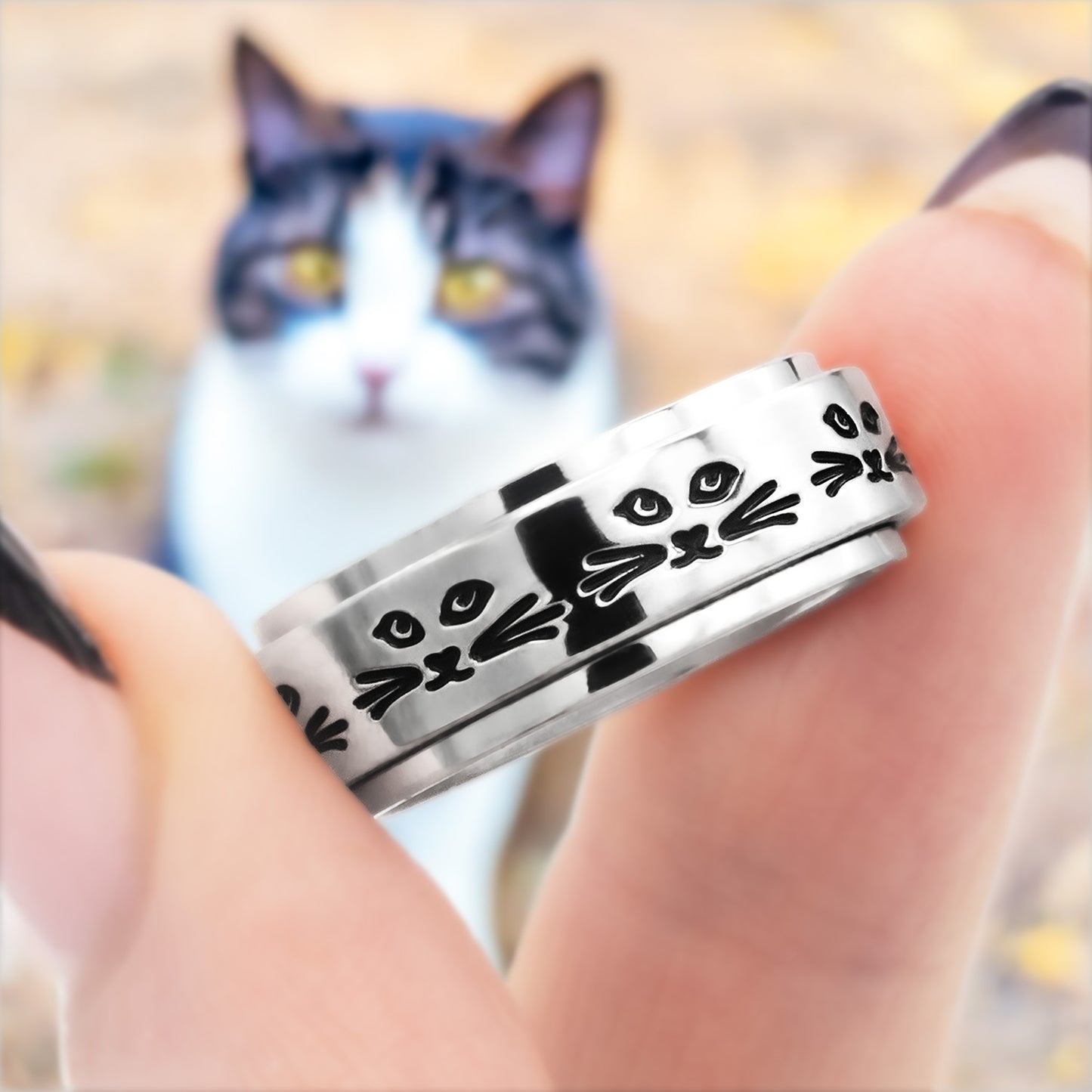 Cat Lady Ring with Engraved Faces - Stainless Steel Spinning Fidget Jewelry for Anxiety Relief