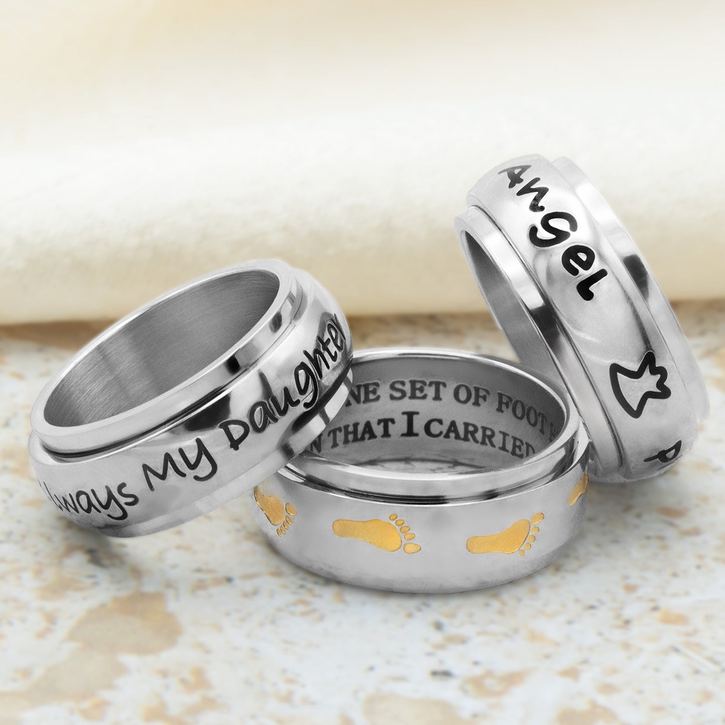 Footprints in the Sand Religious Prayer Ring with Gold Footprints - Faith Inspired Spinning Fidget Jewelry for Anxiety