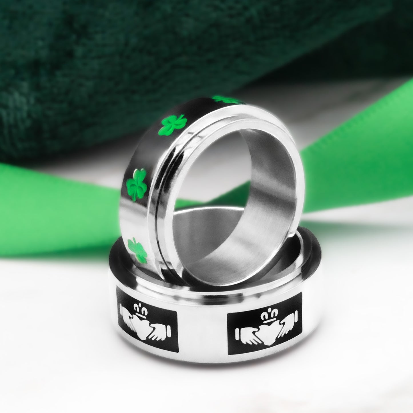 Irish Shamrock Ring with Green Enamel - Stainless Steel Good Luck Spinning Fidget Anxiety Jewelry