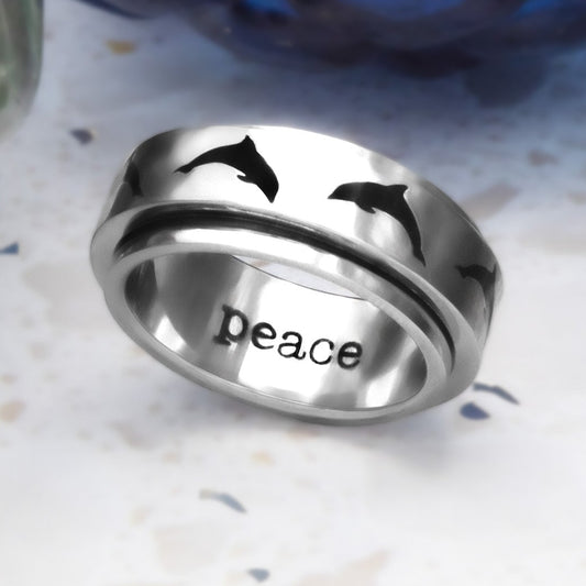 Peace Dolphin Ring with Dancing Dolphins - Stainless Steel Meditation Spinner Ring for Anxiety and Fidget Jewelry