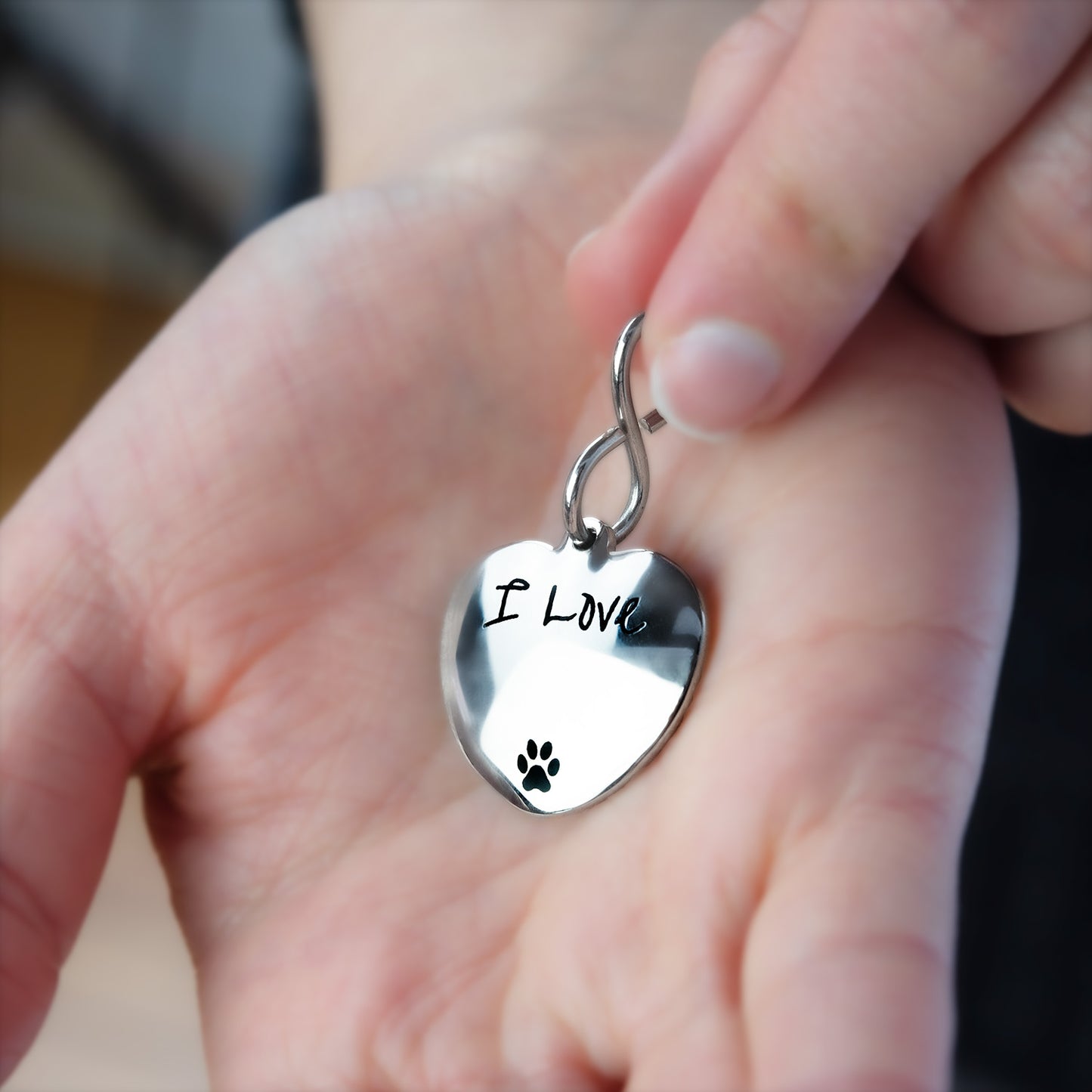 Stainless Steel Pet Collar Tag or Keyring Engraved with "I Love" and Paw Print - Engrave your Pets Name to Personalize it