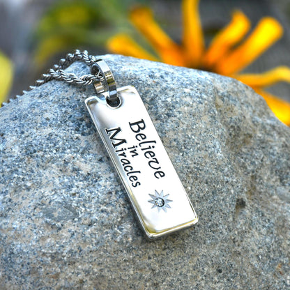 Believe in Miracles Stainless Steel Pendant Necklace with Cubic Zirconia