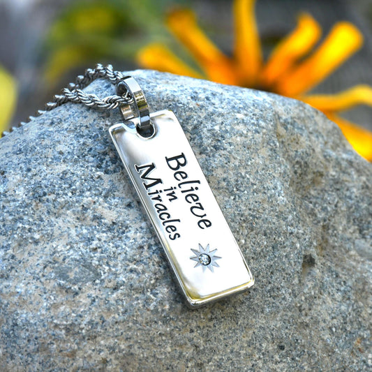 Believe in Miracles Stainless Steel Pendant Necklace with Cubic Zirconia