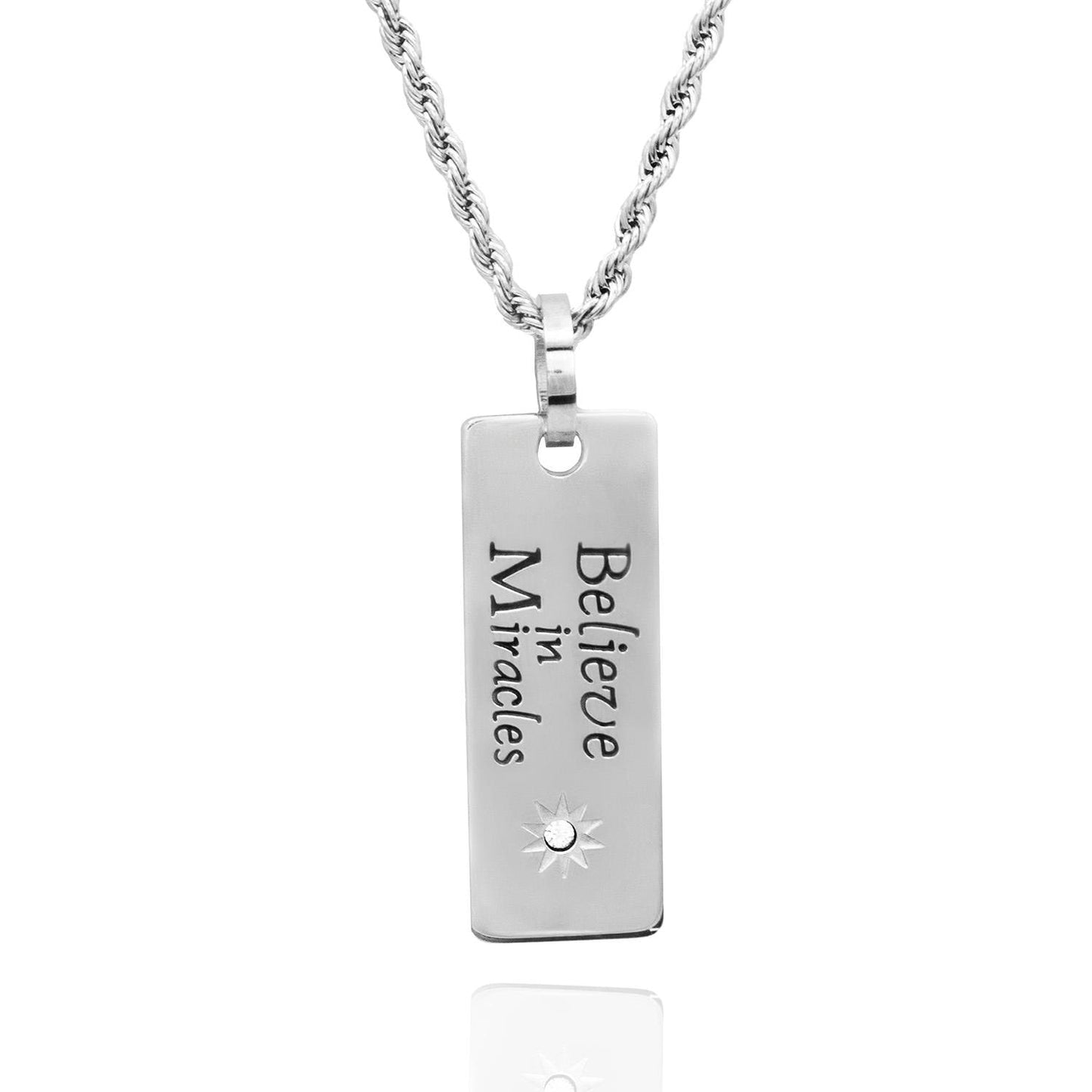 Believe in Miracles Stainless Steel Pendant Necklace with Cubic Zirconia