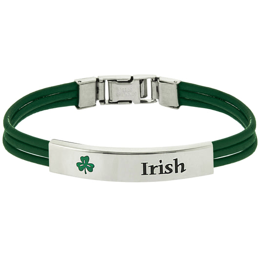 Irish Green Leatherette Cord Bracelet with Shamrock and "Irish" Engraving