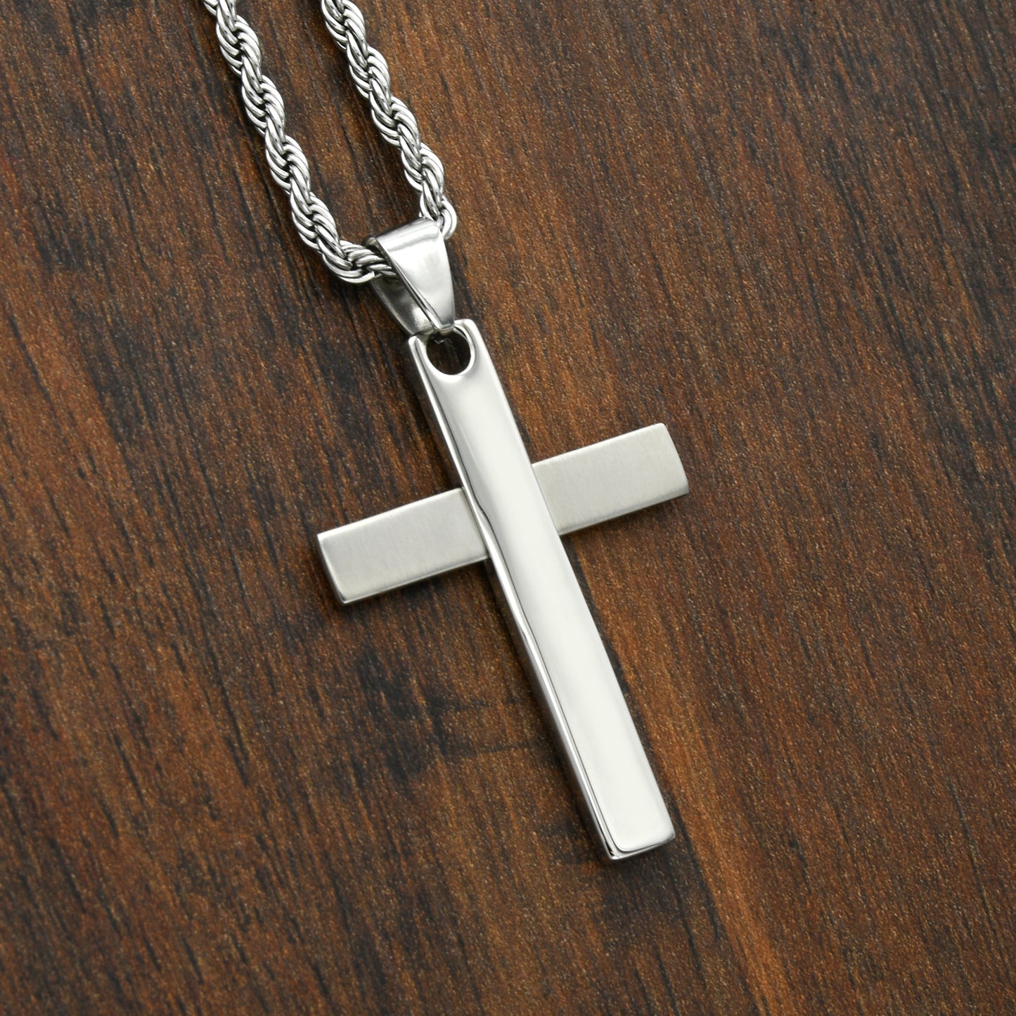 Cross Pendant Necklace with Brushed and Polished Stainless Steel Design