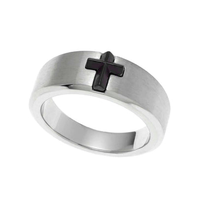 Men's Stainless Steel and Black-Plated Stone Cross Ring