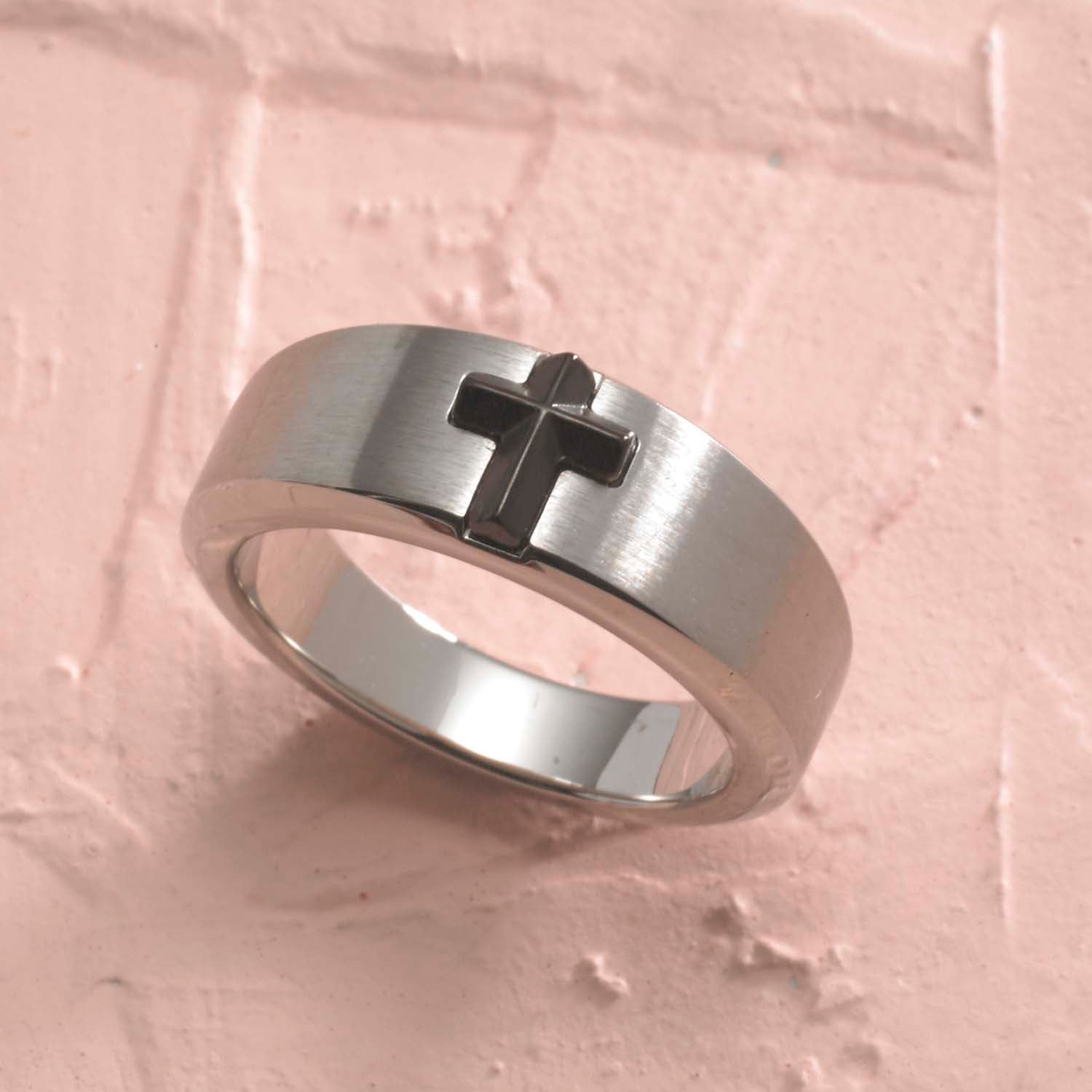 Men's Stainless Steel and Black-Plated Stone Cross Ring