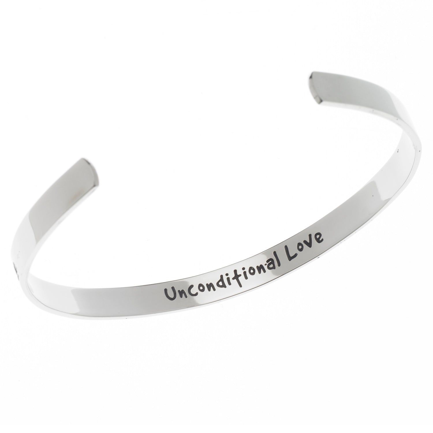 Stainless steel cuff bracelet with a minimalistic pet paw print design, featuring the inscription 'Unconditional Love' on the inside.