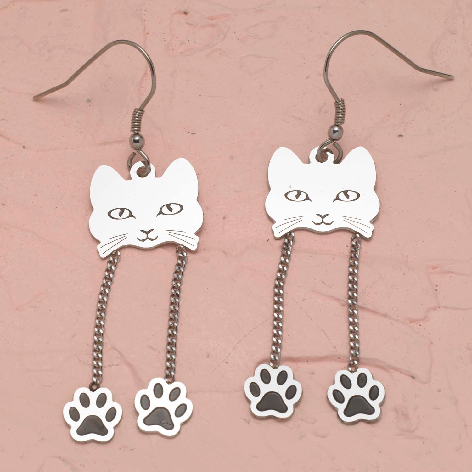 Adorable Cat Face Dangle Earrings with Paw Charms - Quirky Animal Jewelry Gift for Cat Lovers