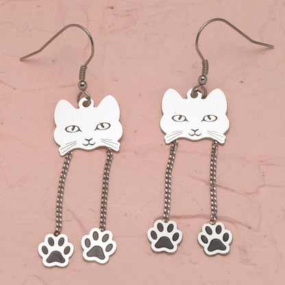 Adorable Cat Face Dangle Earrings with Paw Charms - Quirky Animal Jewelry Gift for Cat Lovers