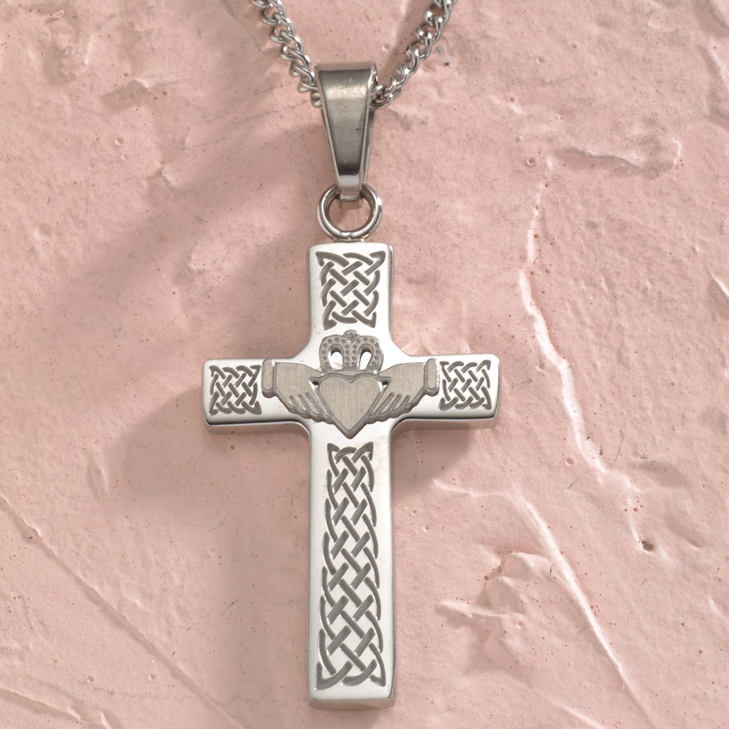 Stainless Steel Celtic Claddagh Cross Pendant Necklace - Irish Symbol of Love, Loyalty & Friendship