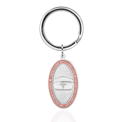Oval Nurse's Prayer Key Ring with Blue or Pink Enamel and Engraved Nurse's Hat Stainless Steel Gift for Women Men Nurse Medical