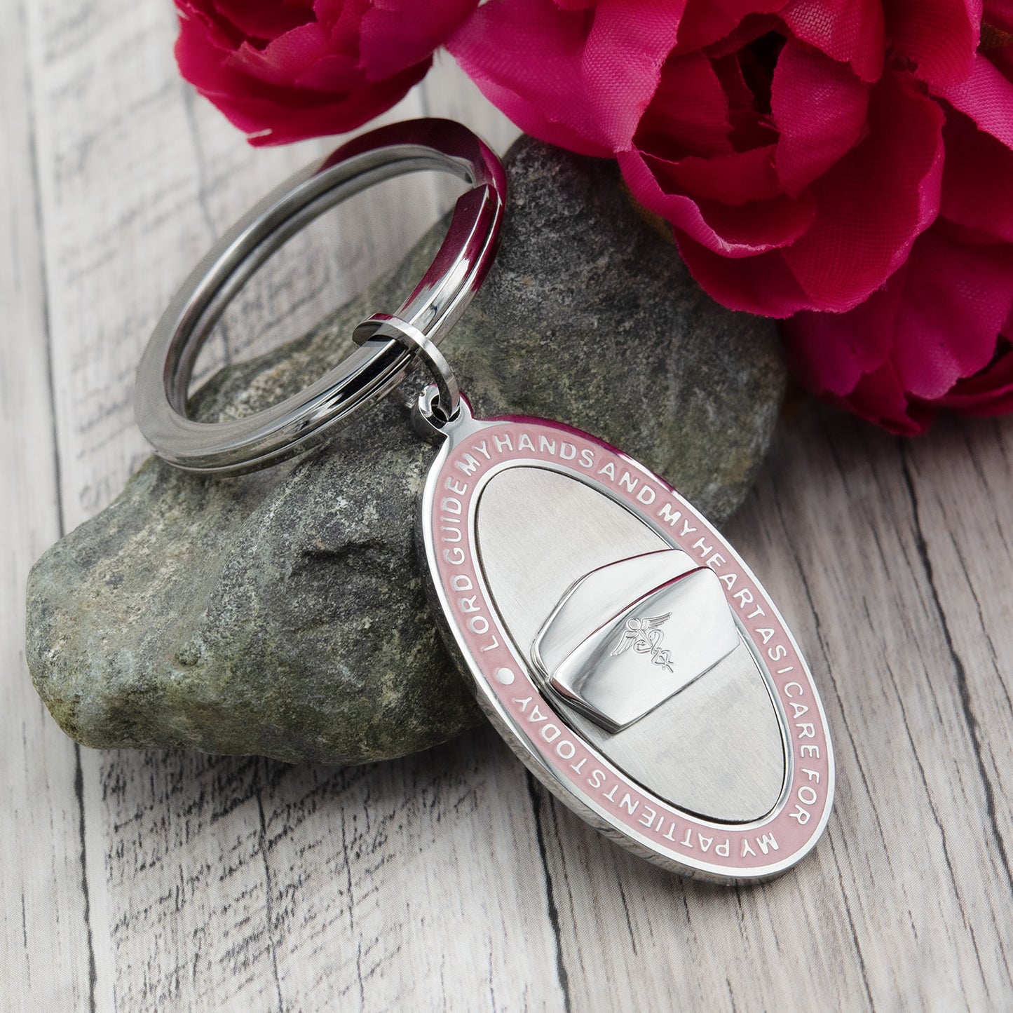 Oval Nurse's Prayer Key Ring with Blue or Pink Enamel and Engraved Nurse's Hat Stainless Steel Gift for Women Men Nurse Medical