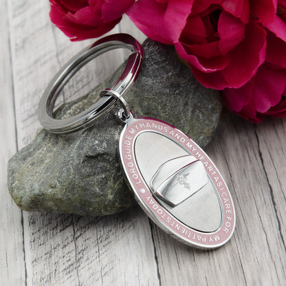 Oval Nurse's Prayer Key Ring with Blue or Pink Enamel and Engraved Nurse's Hat Stainless Steel Gift for Women Men Nurse Medical