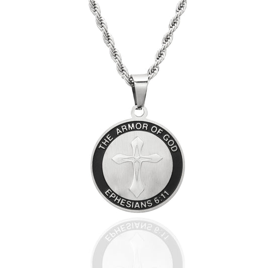 Encircled Cross Full Armor of God" Pendant Necklace Fashion Religious Christian Stainless Steel Jewelry for Women or Men Gifts for Church Family