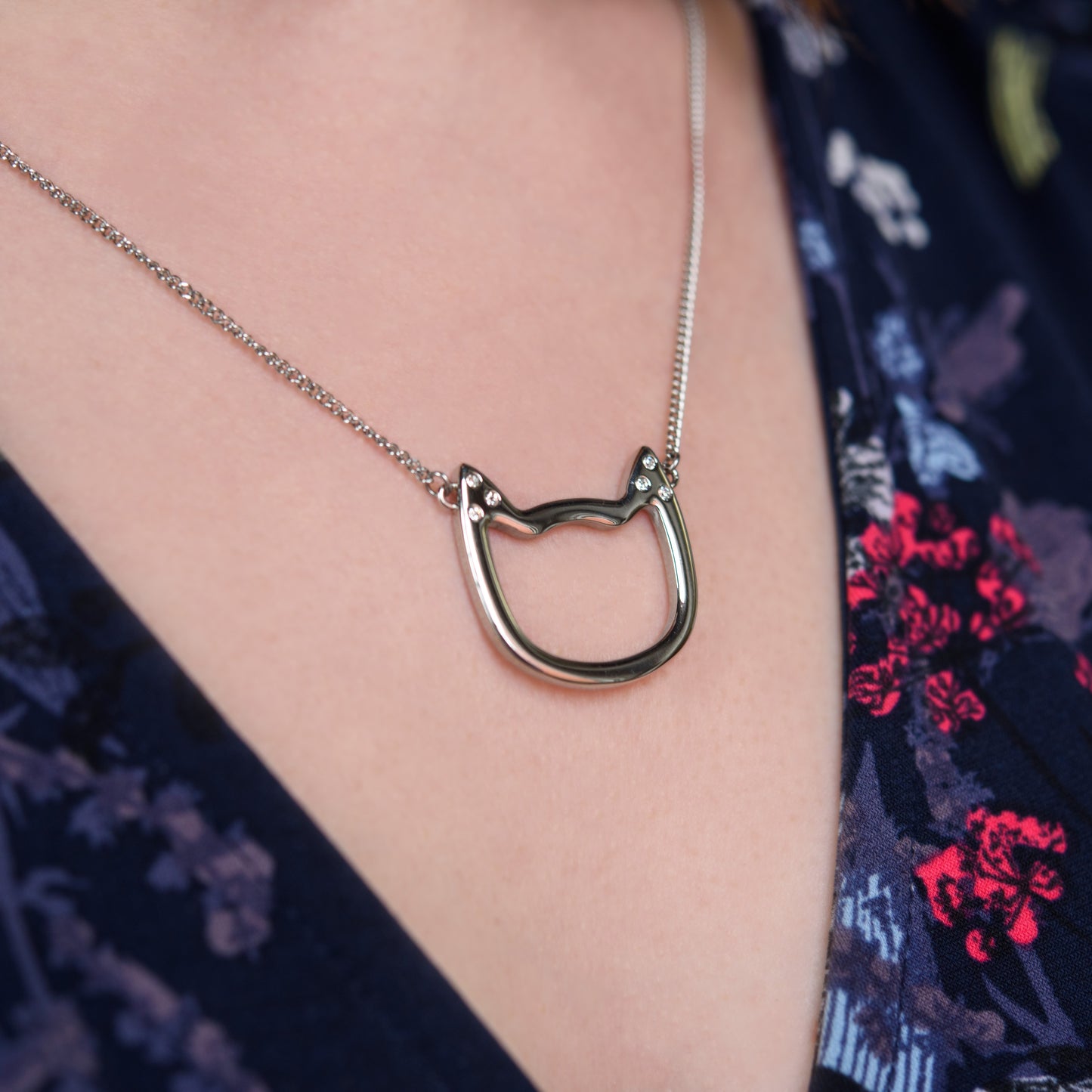 Stainless Steel Cat Face Outline Pendant Necklace with Cubic Zirconia Accents
